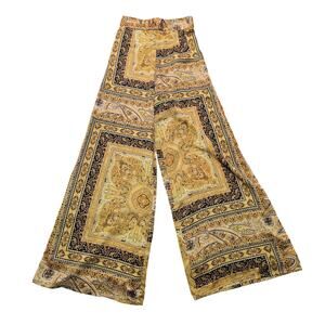 Fashion Nova Pants Womens Small Gold Satin Paisley Wide Leg Belted Boho Dressy